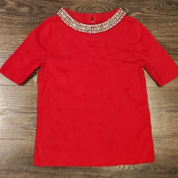Talbots Red Jeweled Crewneck Short-Sleeve Sweater - Picture 3 of 10